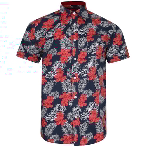 KAM Short Sleeve Floral Print Shirt Navy